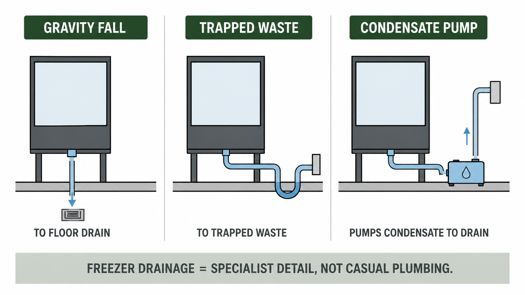 Diagram showing three condensate drainage options for a refrigerated cabinet — gravity fall to a floor drain, a trapped waste connection, and a condensate pump where gravity is not available — with a note that freezer drainage is specialist detail.