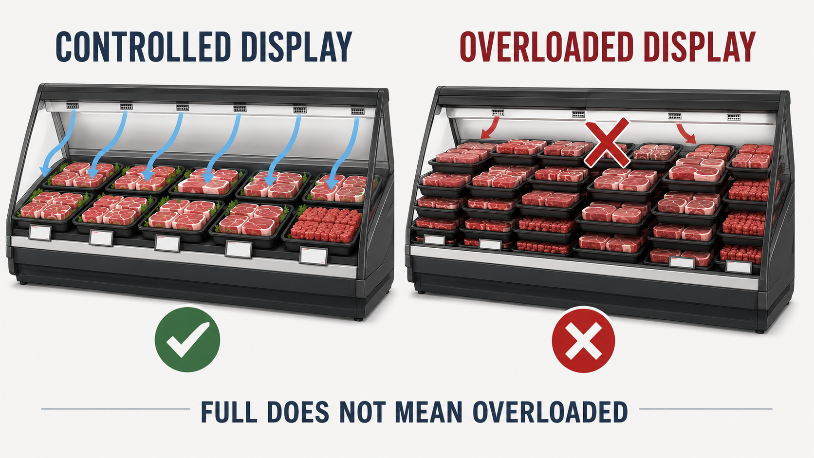 Controlled supermarket butchery display compared with overloaded meat display showing airflow, label visibility and shrink risk