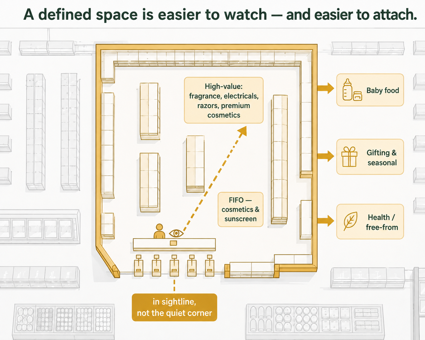 Plan of a bounded health and beauty department with a staff sightline to the high-value lines and three adjacencies.