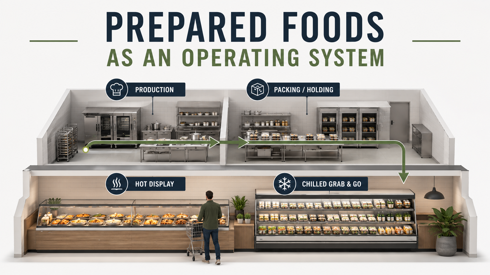 Simplified supermarket Prepared Foods department layout showing customer display, kitchen production, packing, storage and replenishment routes.