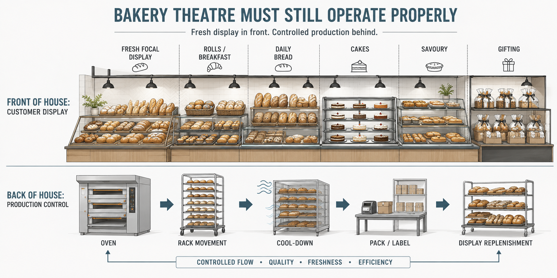Supermarket bakery workflow diagram showing customer-facing bakery display supported by controlled production flow behind the scenes.