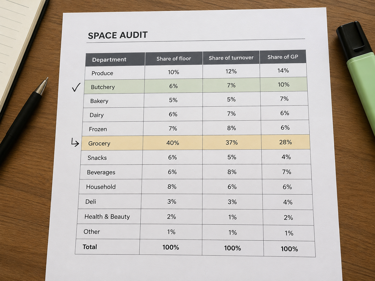 A one-page department space audit table scoring each department on share of floor, turnover and gross profit.
