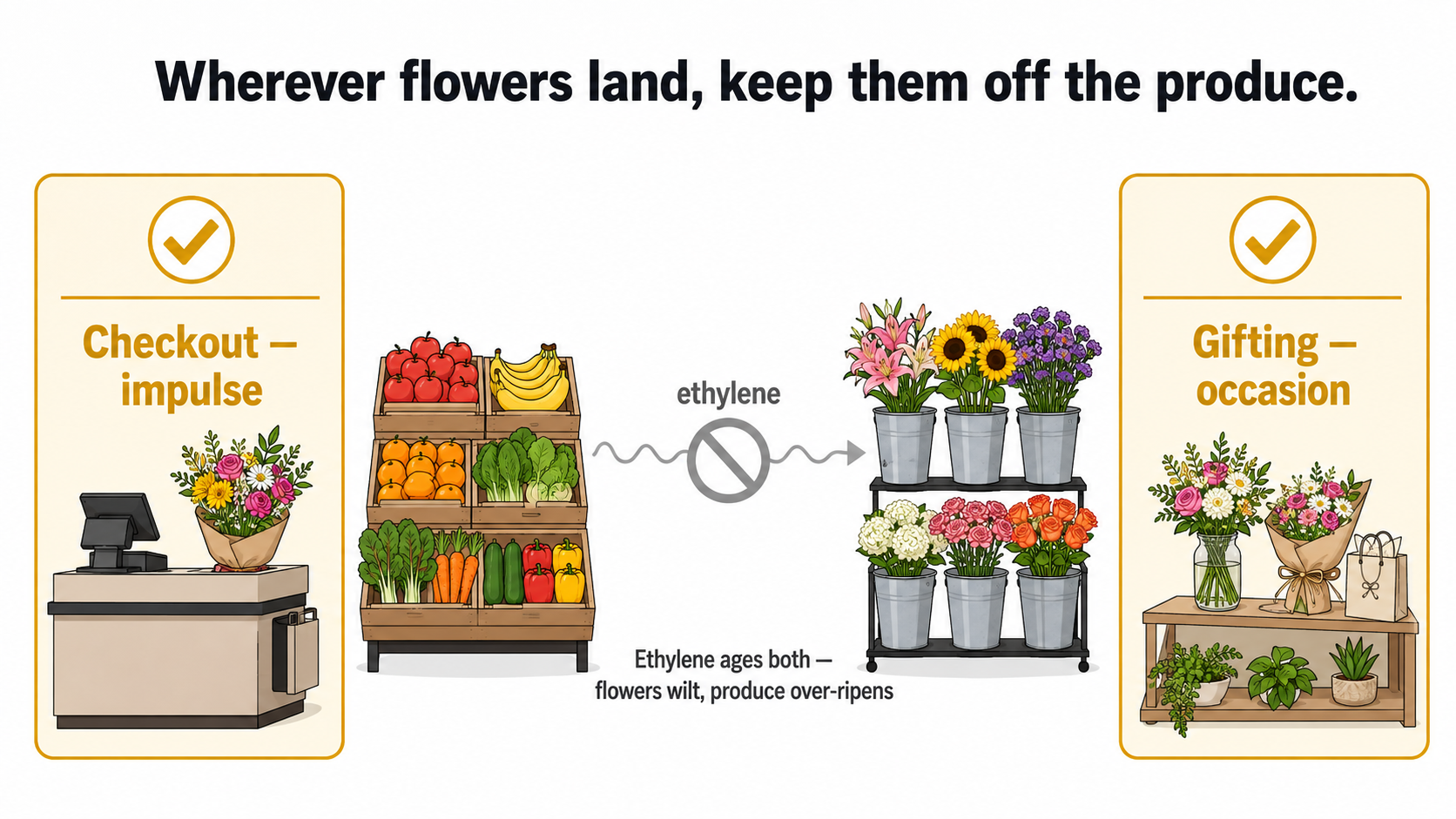 Adjacency diagram showing flowers next to fresh produce joined by an ethylene arrow that ages both — flowers wilt and produce over-ripens — crossed out, with the checkout and gifting shown as the better homes for flowers.