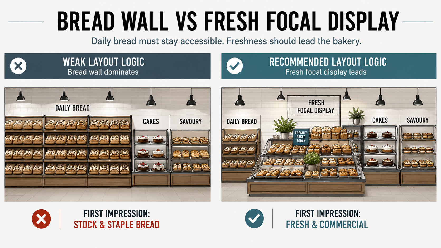Side-by-side supermarket bakery layout comparison showing a weak bread-wall-led bakery versus a stronger fresh-focal bakery layout.