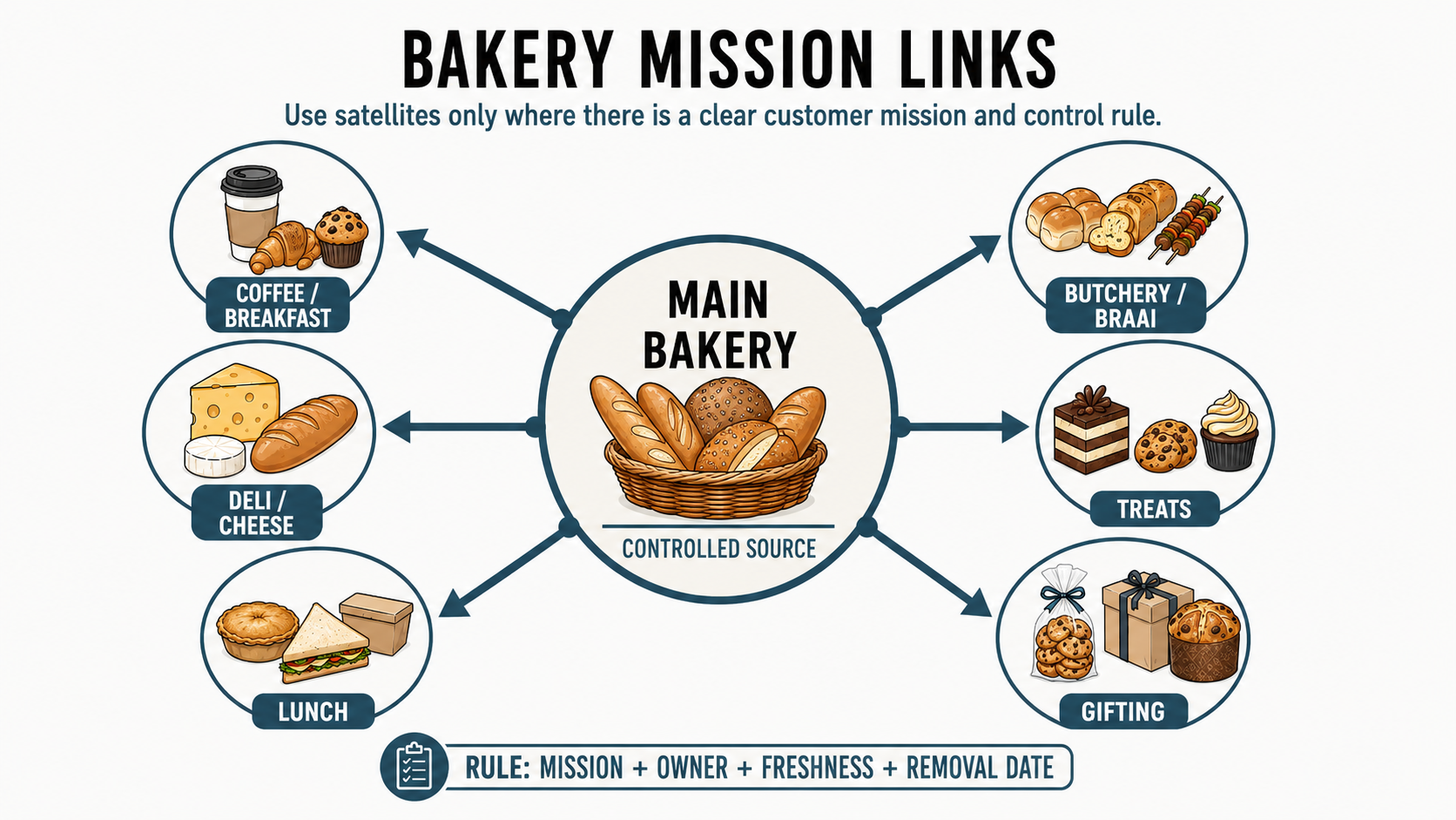 Bakery mission link graphic showing the main bakery connected to coffee, deli, lunch, butchery, treats and gifting areas.