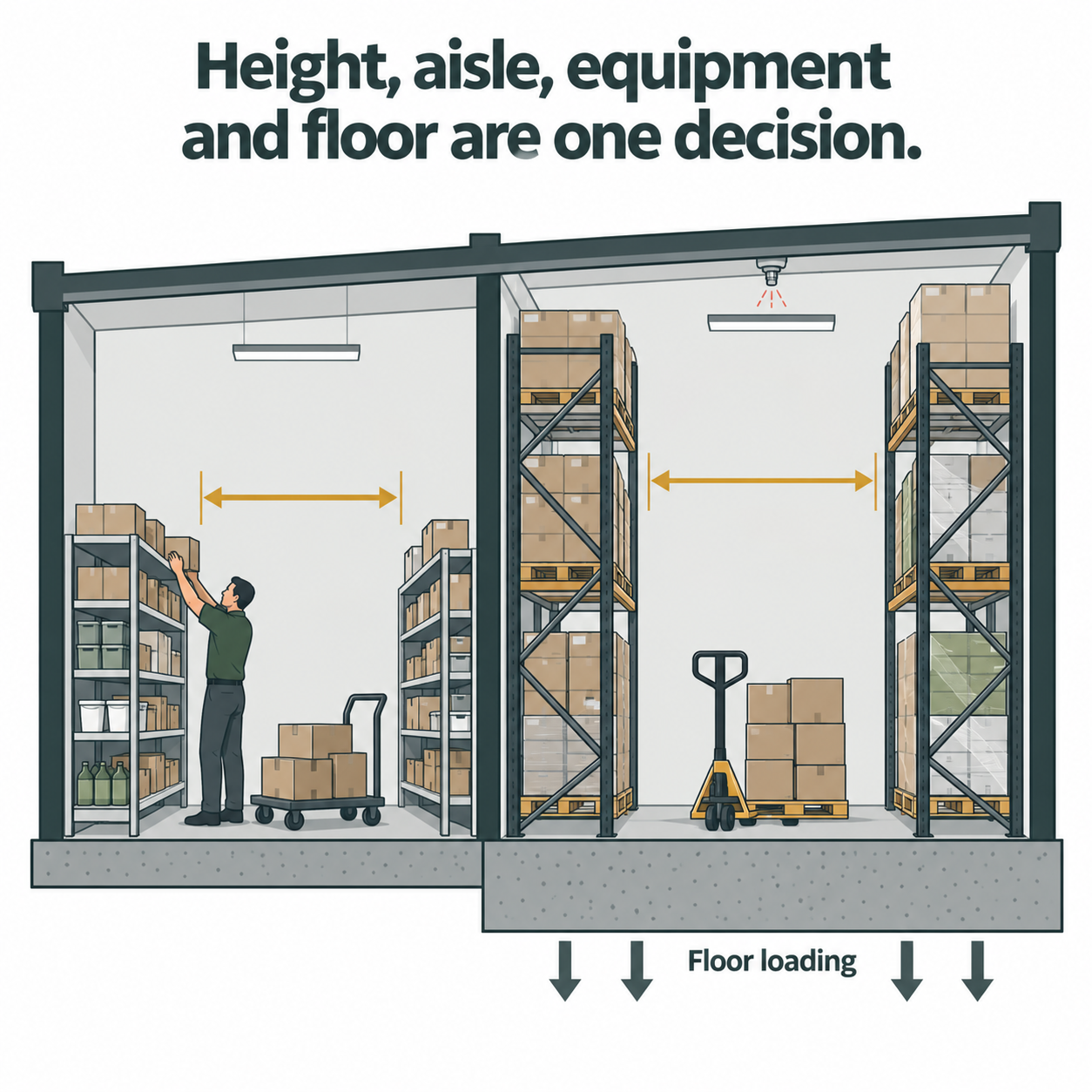 Store room cross-section comparing low shelving with a narrow aisle to tall racking with a wider aisle and thicker slab.
