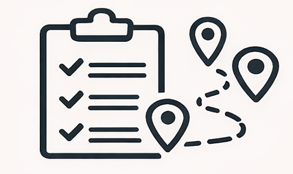 Checklist with three checked items and three location pins connected by dotted lines.