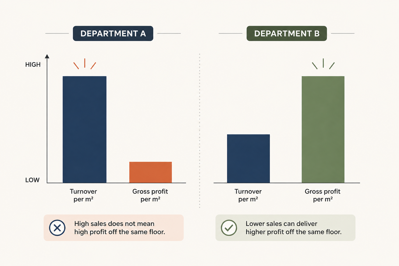 Bar chart contrasting turnover per square metre against gross profit per square metre for two departments, showing high sales does not mean high profit.