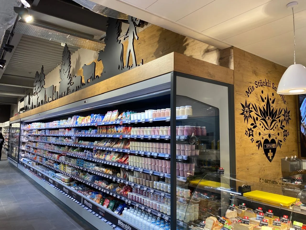 interior supermarket view of dairy display