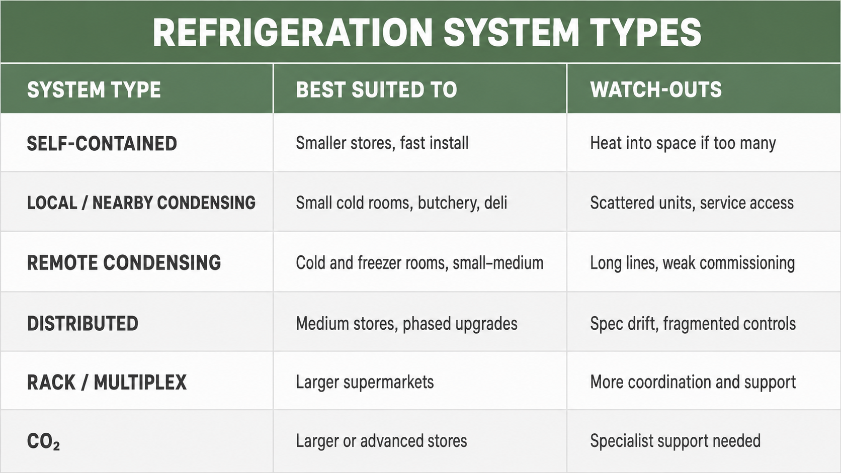 Comparison of six supermarket refrigeration system types with what each suits and its watch-outs.