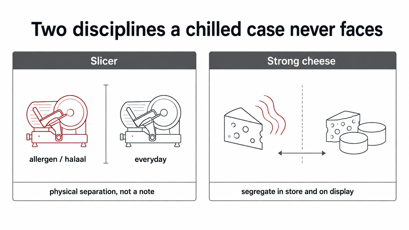 Diagram of two deli hygiene disciplines — a slicer panel showing separate allergen/halaal and everyday slicers, and a cheese panel showing strong-odour cheese segregated from odour-sensitive lines.