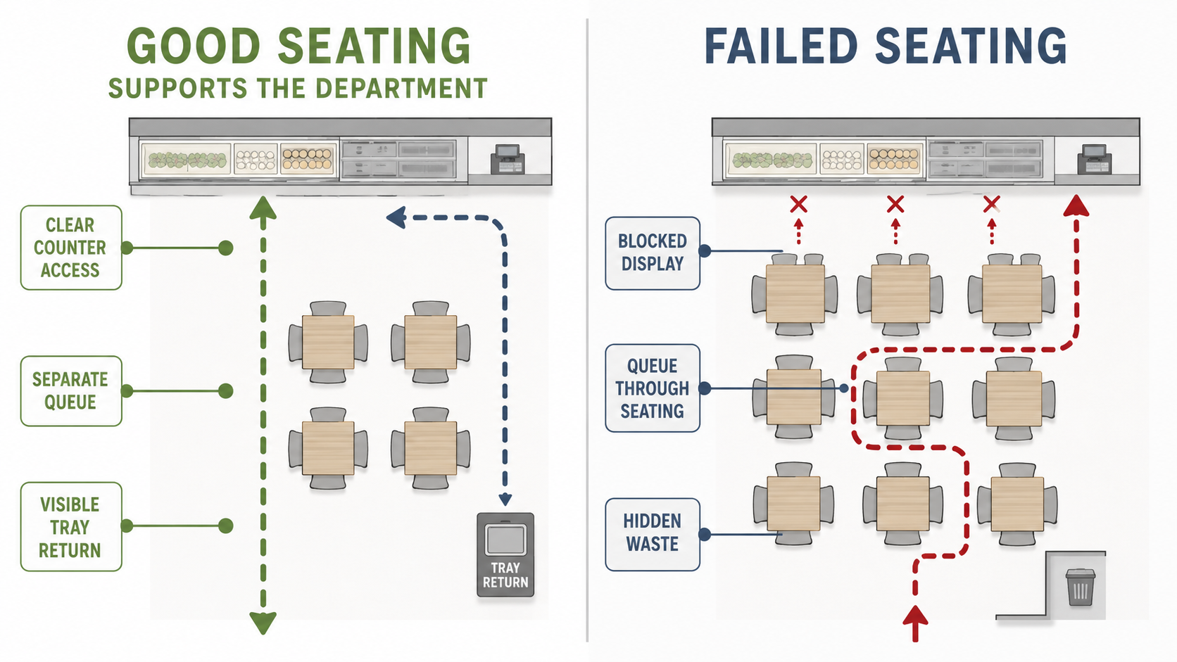 Comparison graphic showing good supermarket seating that supports a department versus failed seating that blocks counters and customer flow.