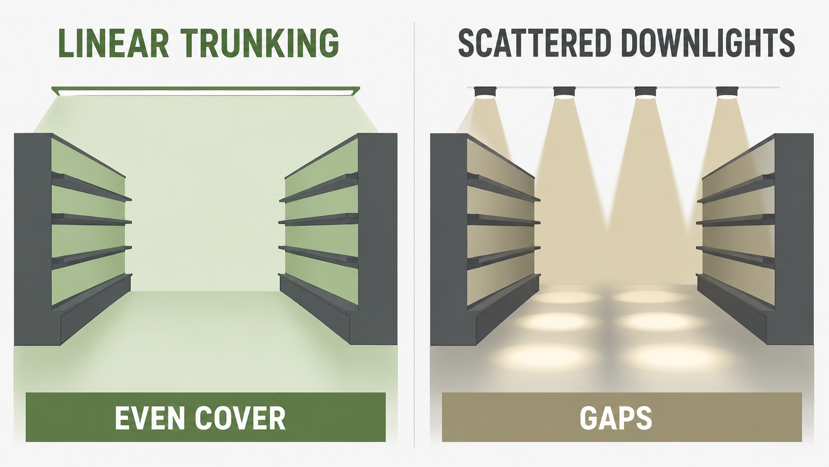 Aisle lighting comparison — continuous linear LED trunking versus scattered downlights over supermarket shelving.