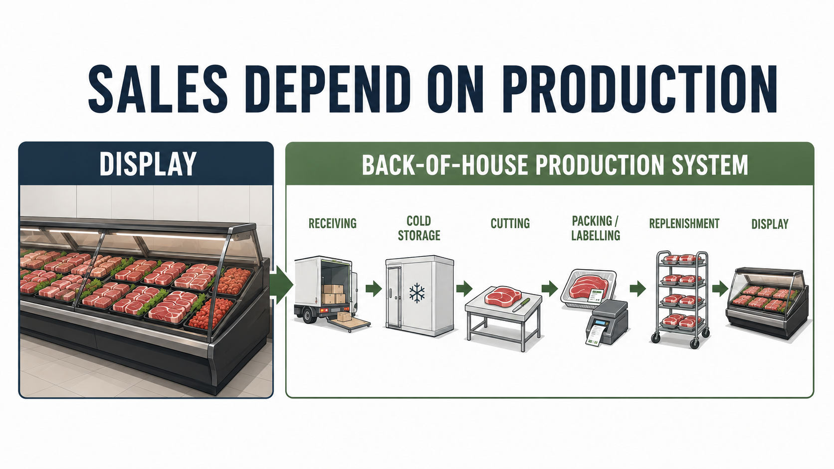 Supermarket butchery design diagram showing meat display supported by receiving, cold storage, cutting, packing, labelling and replenishment