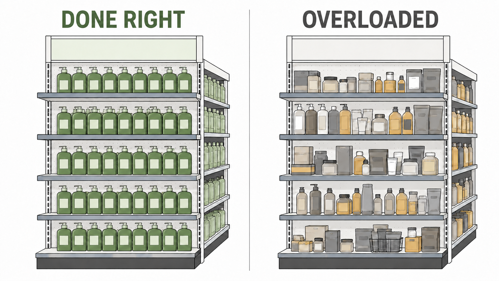 Two gondola ends compared — one a bold single-line promotion, one overloaded and messy