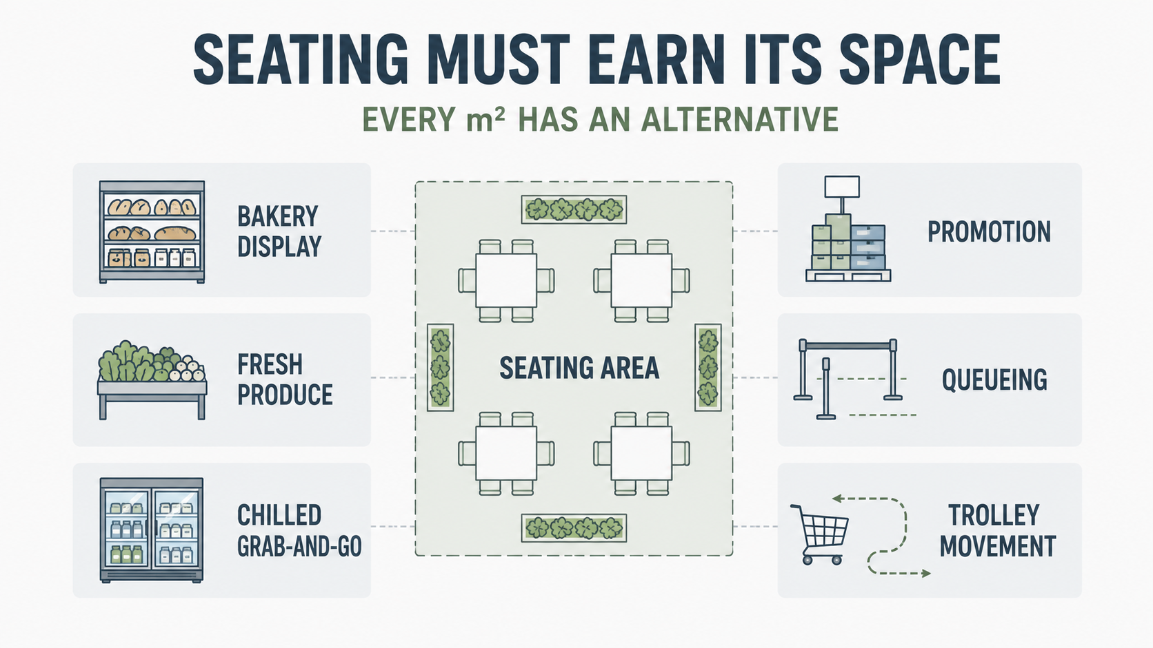 Supermarket seating area planning graphic showing how seating competes with bakery display, fresh produce, grab-and-go, promotion, queueing and trolley movement.