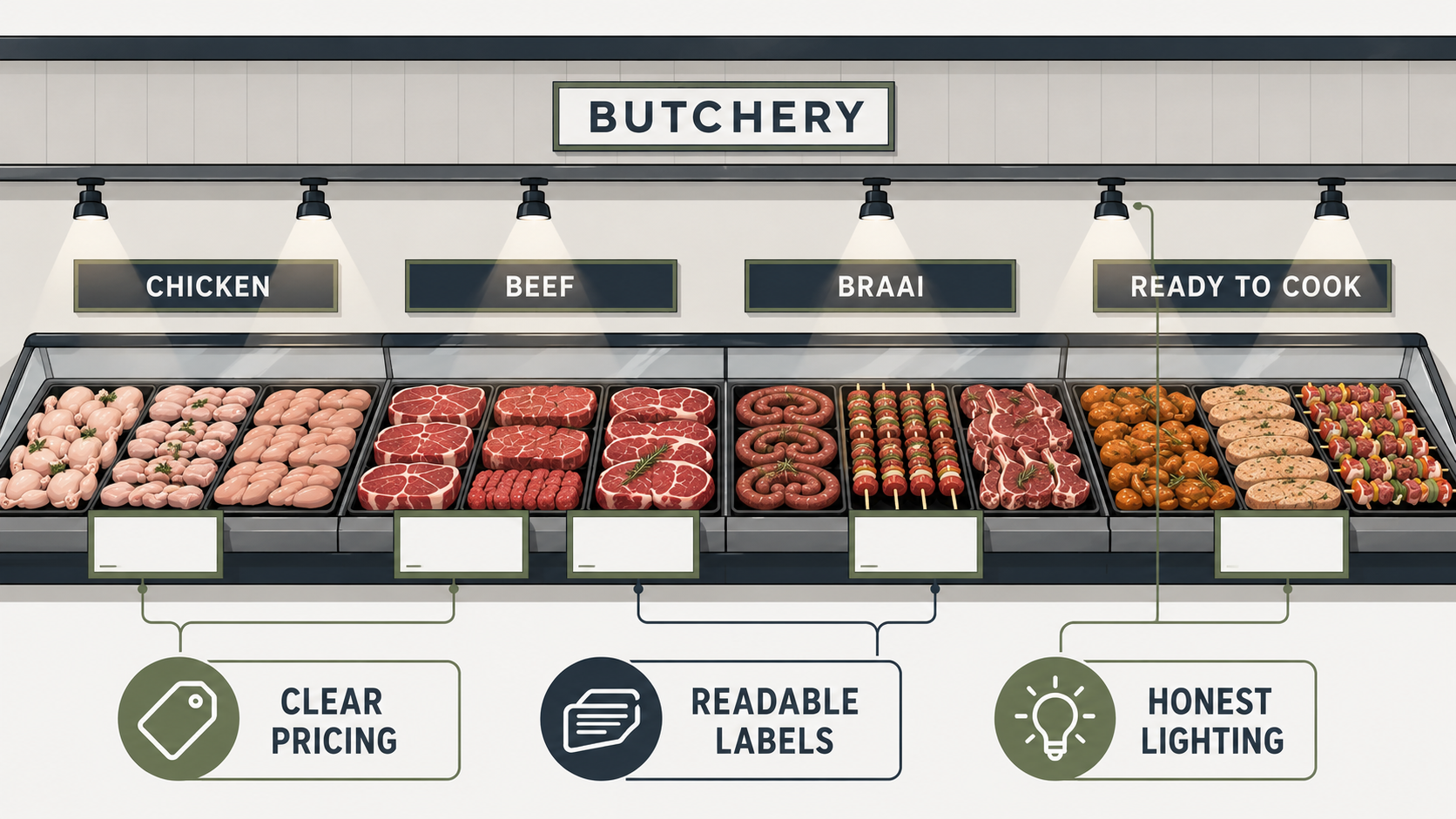 Supermarket butchery design elevation showing department signage, category signs, product labels, price labels and lighting focused on the meat display