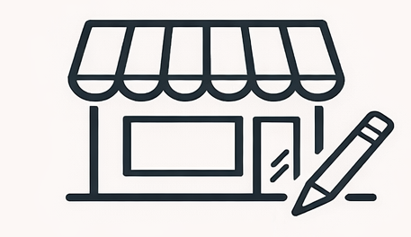 Line drawing of a small storefront with an awning, a window, a door, and a pencil.