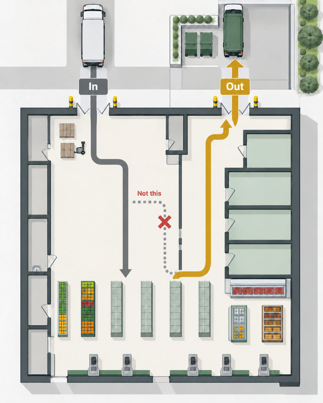 Back of house plan with a delivery route in and a separate waste route out that never cross.