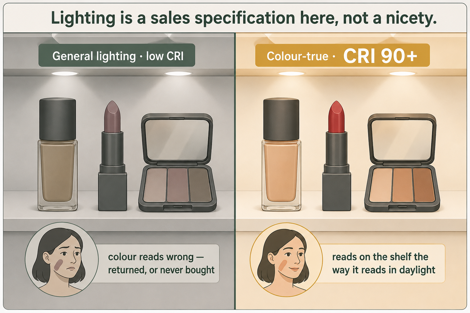 Split diagram comparing the same cosmetics packs under general low-CRI lighting, where colours render muddy and the shade is mismatched, against colour-true CRI 90-plus lighting where the shades read correctly.