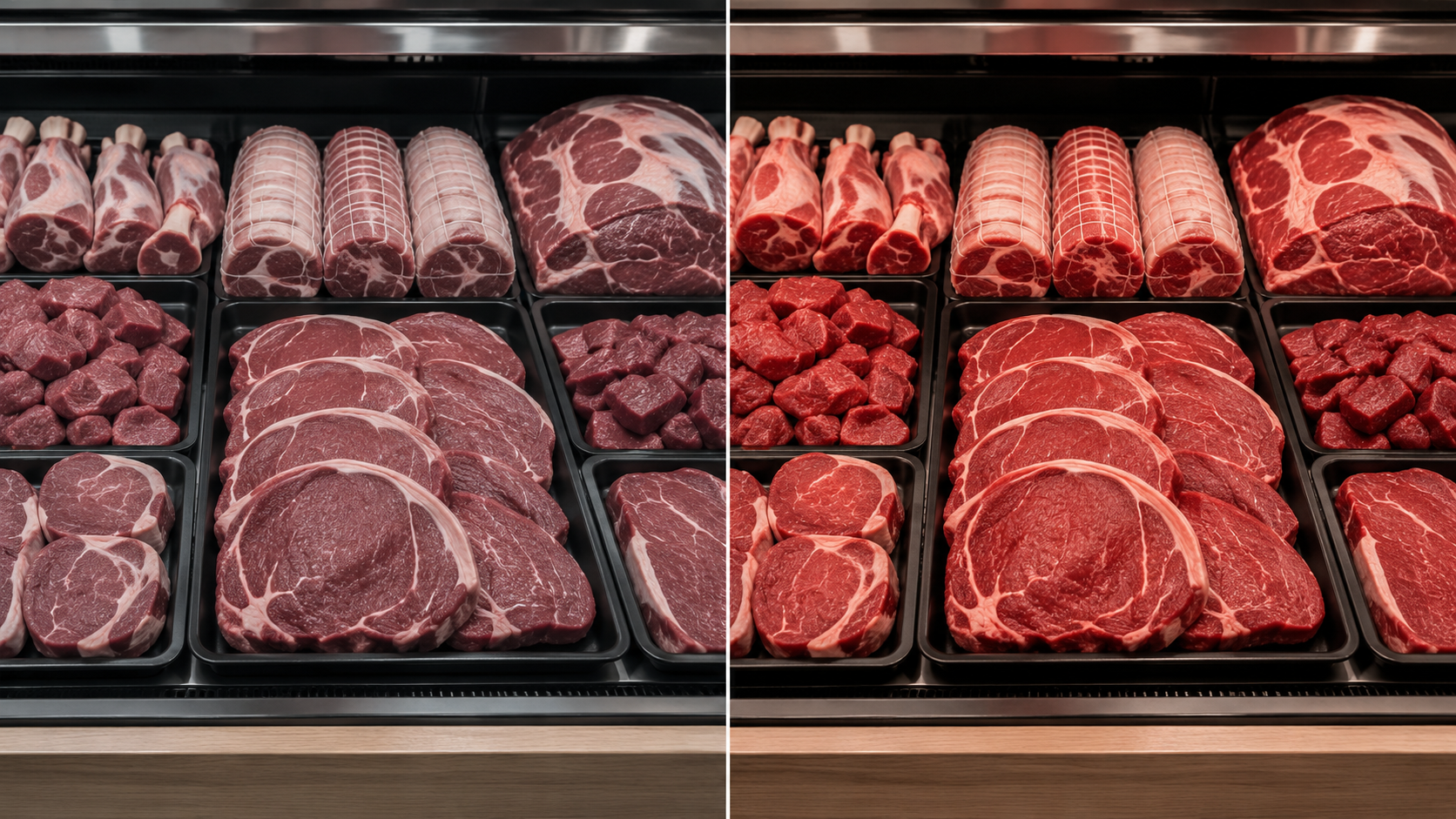 Side-by-side comparison of the same tray of red meat under cool-white lighting, where it looks grey and dull, and under warm high-CRI lighting, where it looks fresh.