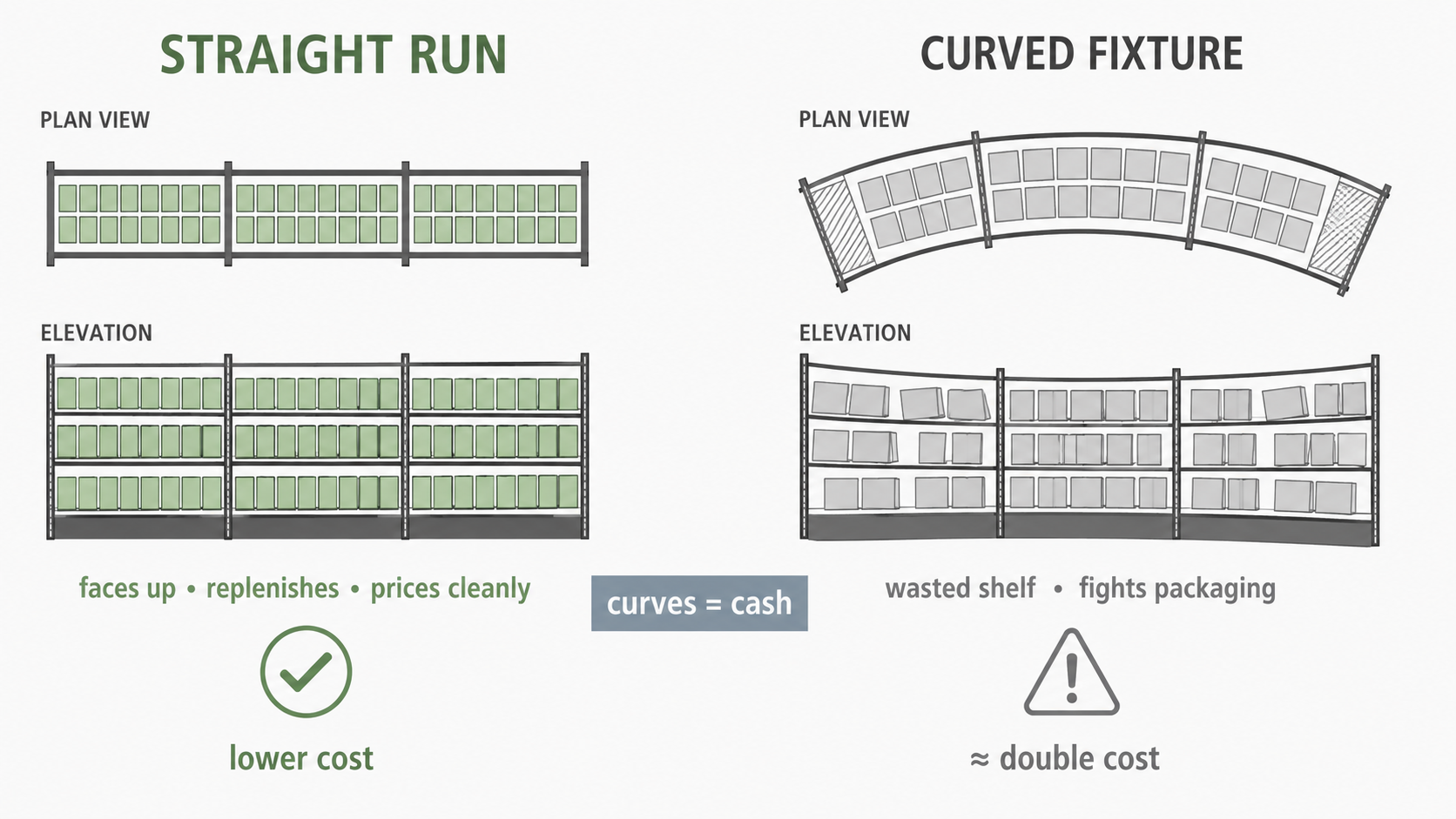 Comparison of a straight shelving run that faces product cleanly against a curved fixture that wastes shelf space and costs more.