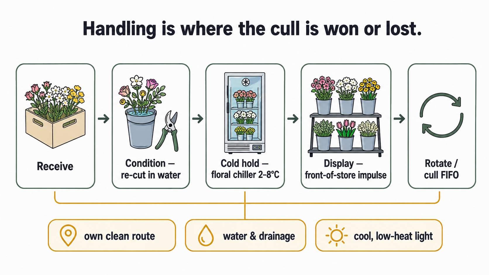 Flow diagram of flower handling — receive, condition, chill, display, cull — plus its own route, water and drainage, and cool lighting.