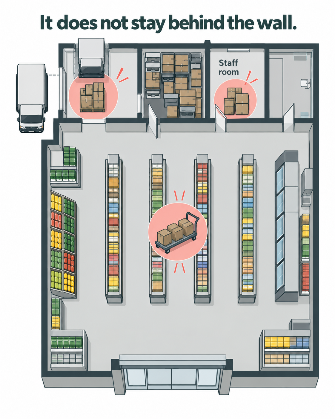 Supermarket plan with a too-small store room and overflow stock in the aisle, staff room and receiving bay.