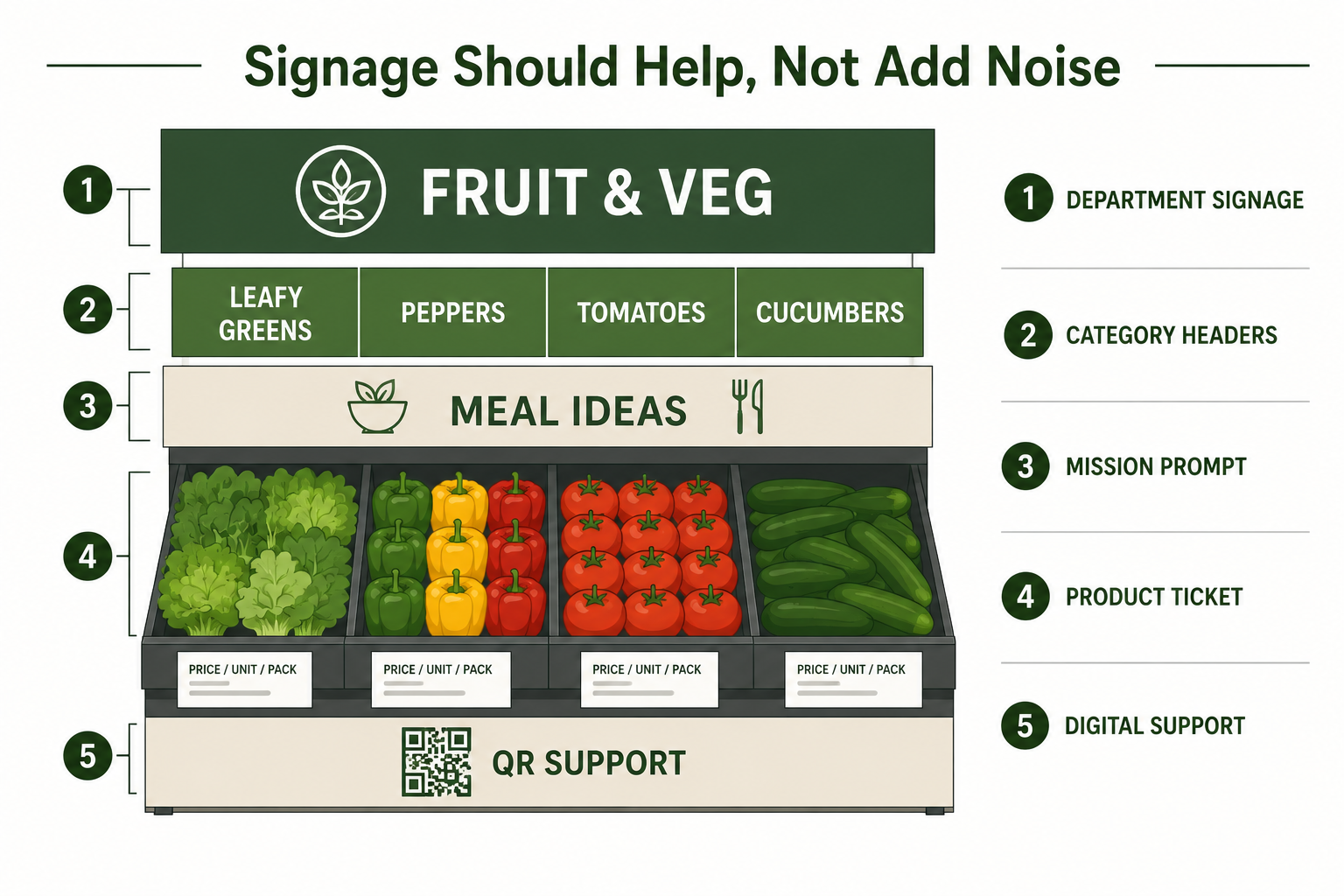 Fruit and vegetable signage hierarchy showing department signage, category headers, mission prompts, product tickets and QR support.