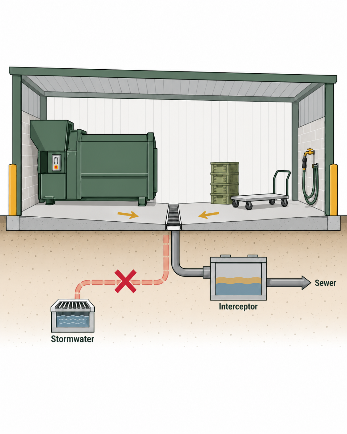 Cross section of a waste wash down area draining to sewer through a solids and grease interceptor.
