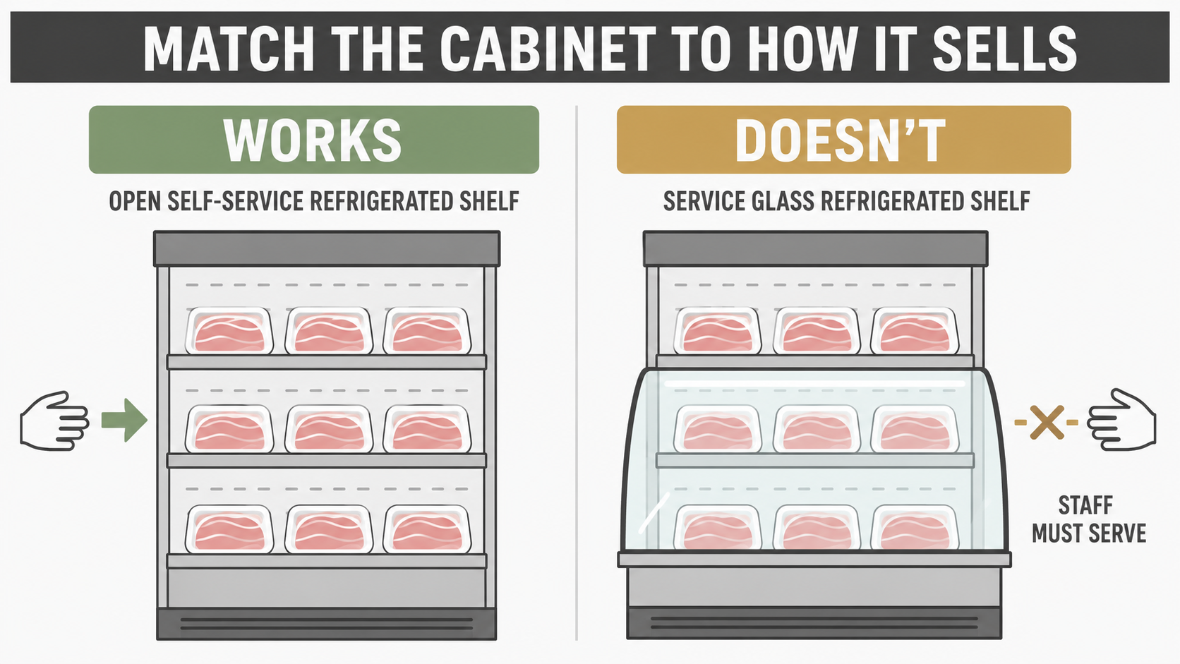 Self-service pack on open cabinet versus the same pack stuck behind service glass