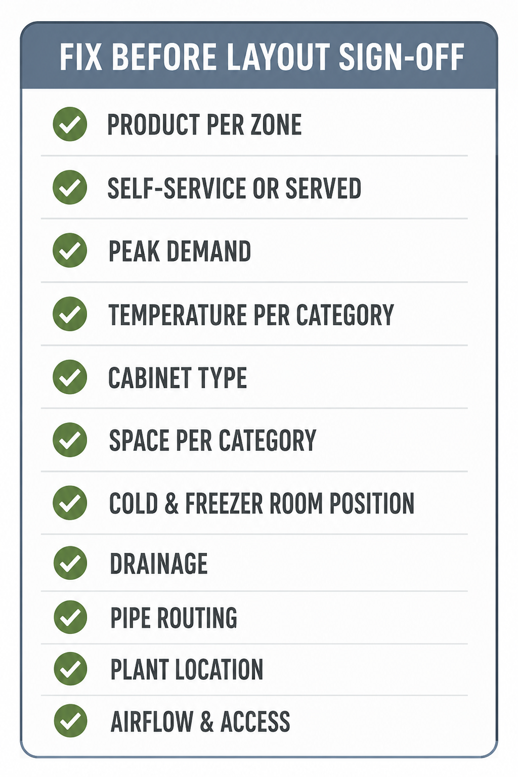 Pre-sign-off refrigeration checklist covering product, temperature, drainage, pipes and plant