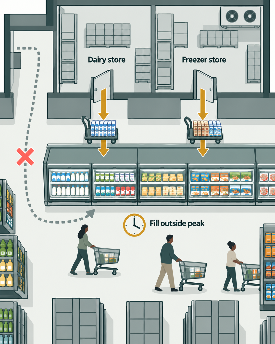 Dairy and freezer stores directly behind supermarket display cases with a short back-of-case route, and the aisle route crossed out.