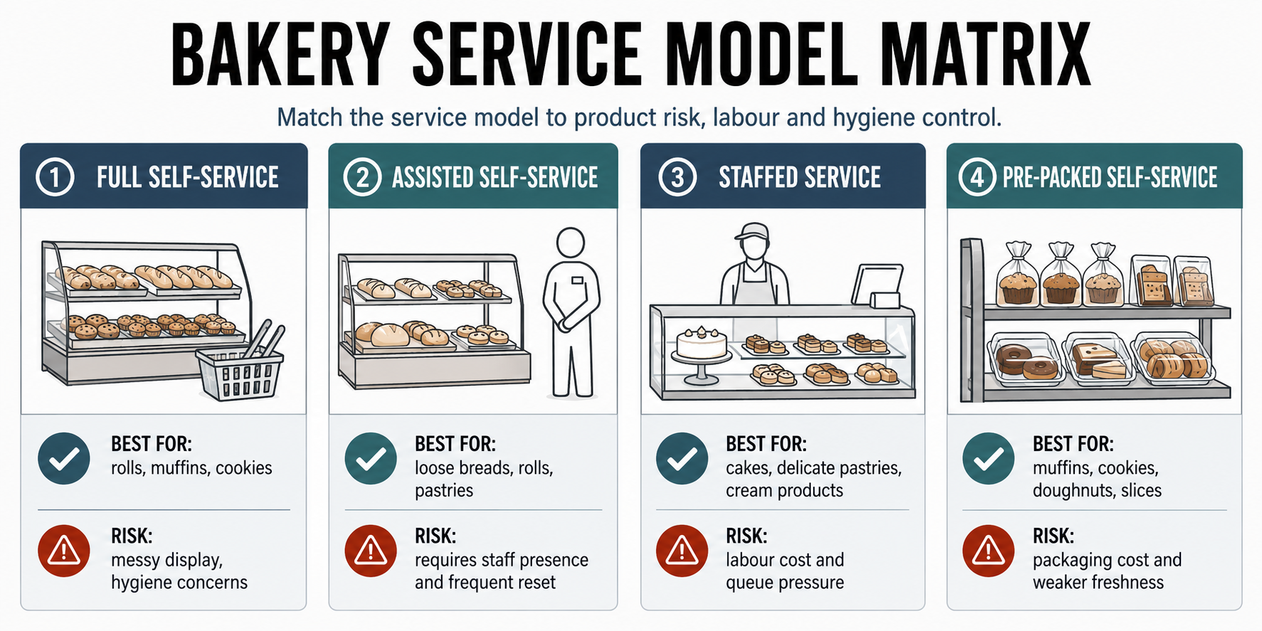 Bakery service model matrix comparing full self-service, assisted self-service, staffed service and pre-packed self-service.