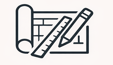 Outline drawing of drafting tools including a rolled-up blueprint, a ruler, a pencil, and a square.