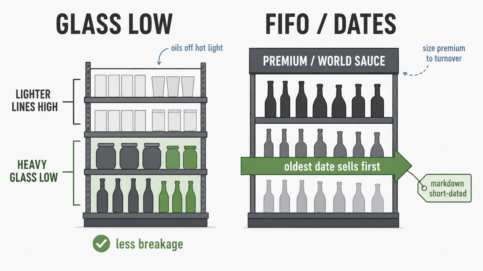 Diagram showing glass and heavy jars loaded on lower shelves and FIFO date rotation on slow premium sauce lines.