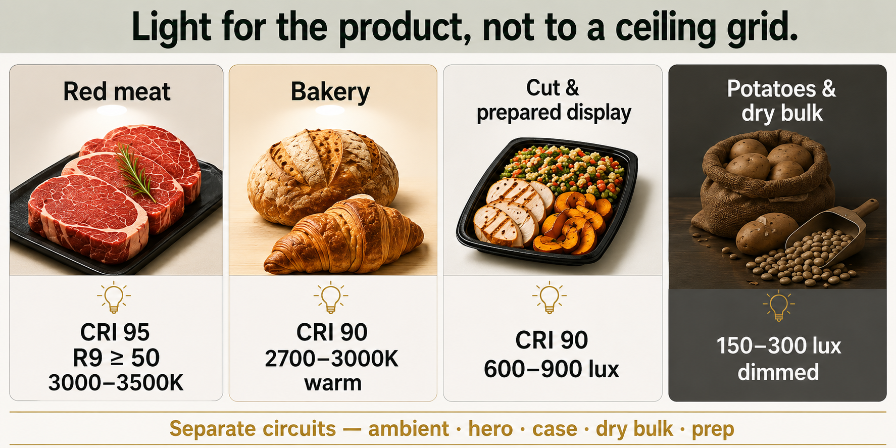 Lighting values by fresh department, from CRI 95 for red meat to dimmed low light for potatoes and dry bulk.