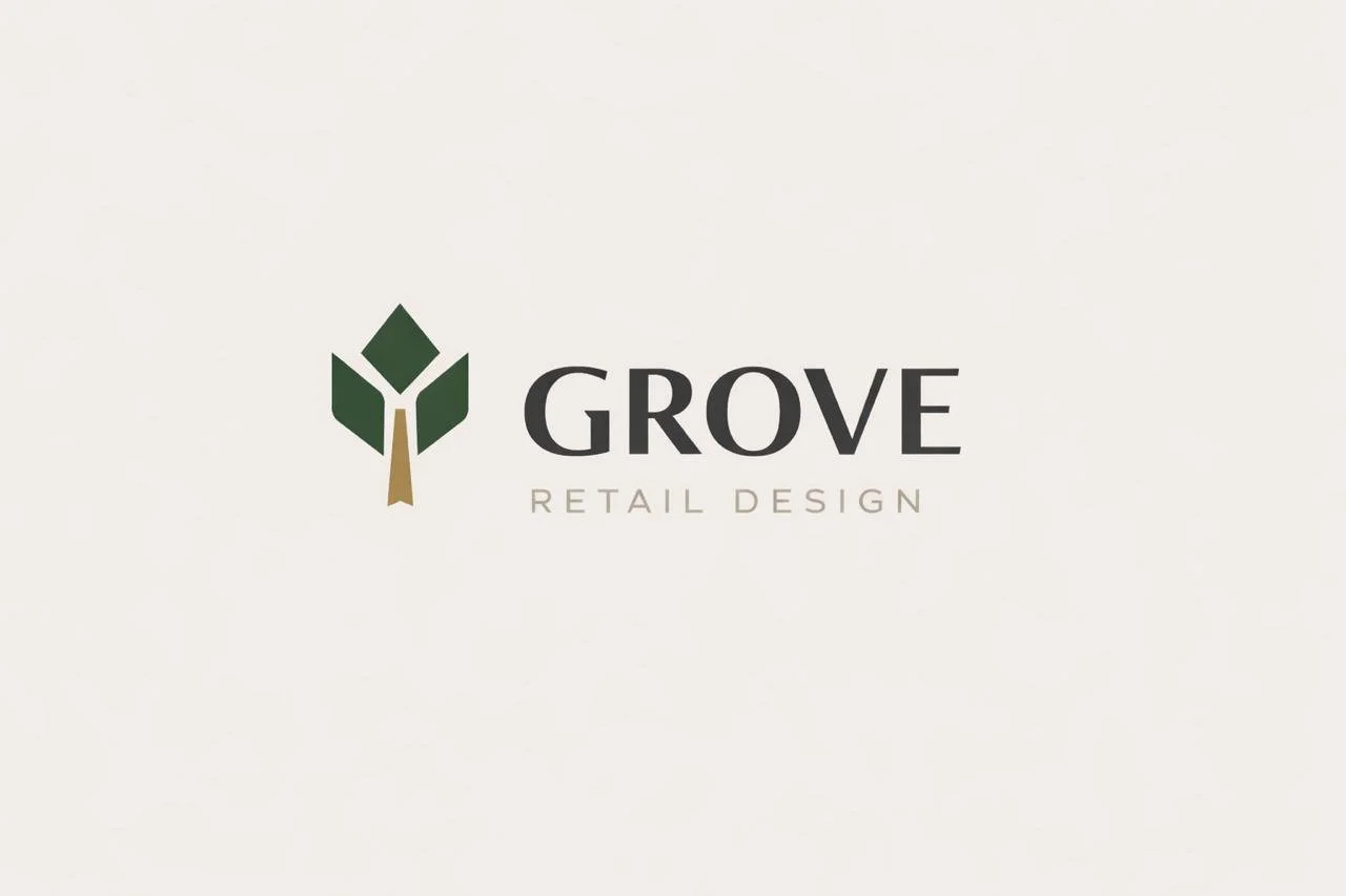Logo for Grove Retail Design featuring a stylized tree with green leaves and a brown trunk, with the company name in bold black letters and the tagline 'Retail Design' underneath.