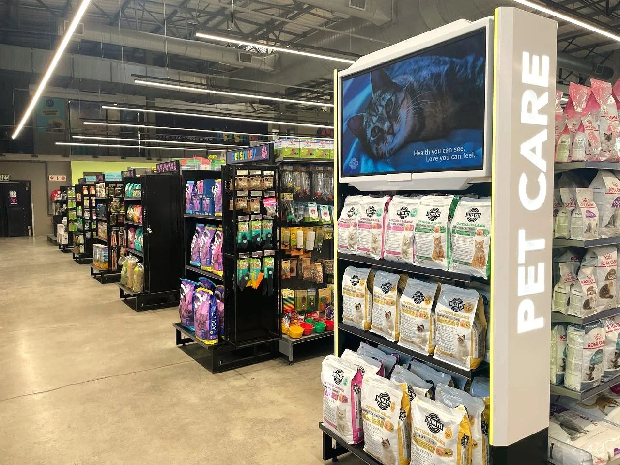 interior pet store view of gondola ends
