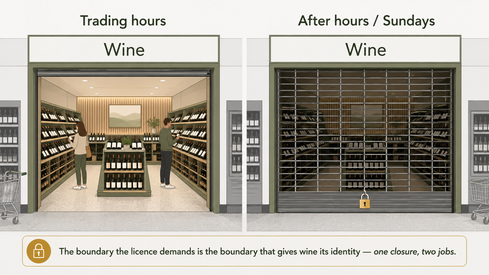 Two-state diagram of a supermarket wine room: open and shopped during trading hours, then the same room sealed shut behind a lockable gate after hours and on Sundays, showing the licence-required closure doubling as the room's identity.