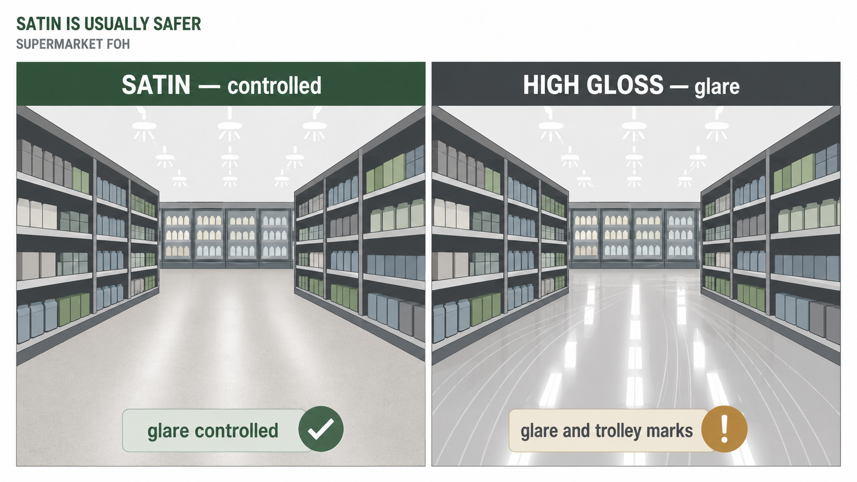 Satin versus high-gloss supermarket floor sheen under retail lighting showing the glare difference.