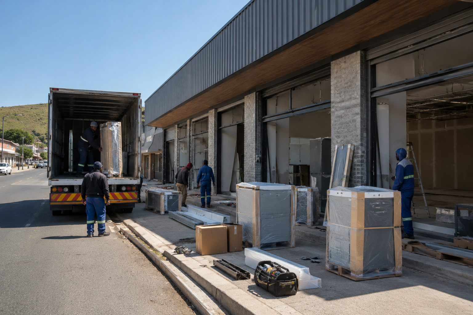 Equipment delivered to a store fit-out in a remote town — location drives transport and installation labour costs.