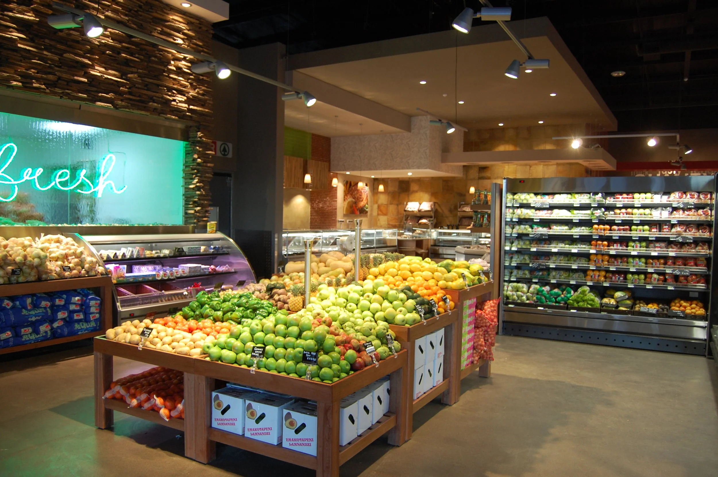 interior supermarket view of fruit and veg department