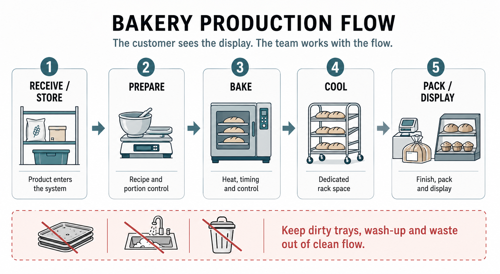 Supermarket bakery production flow diagram showing receiving, preparation, baking, cooling, packing and display, with dirty trays and waste kept separate from the clean production flow.