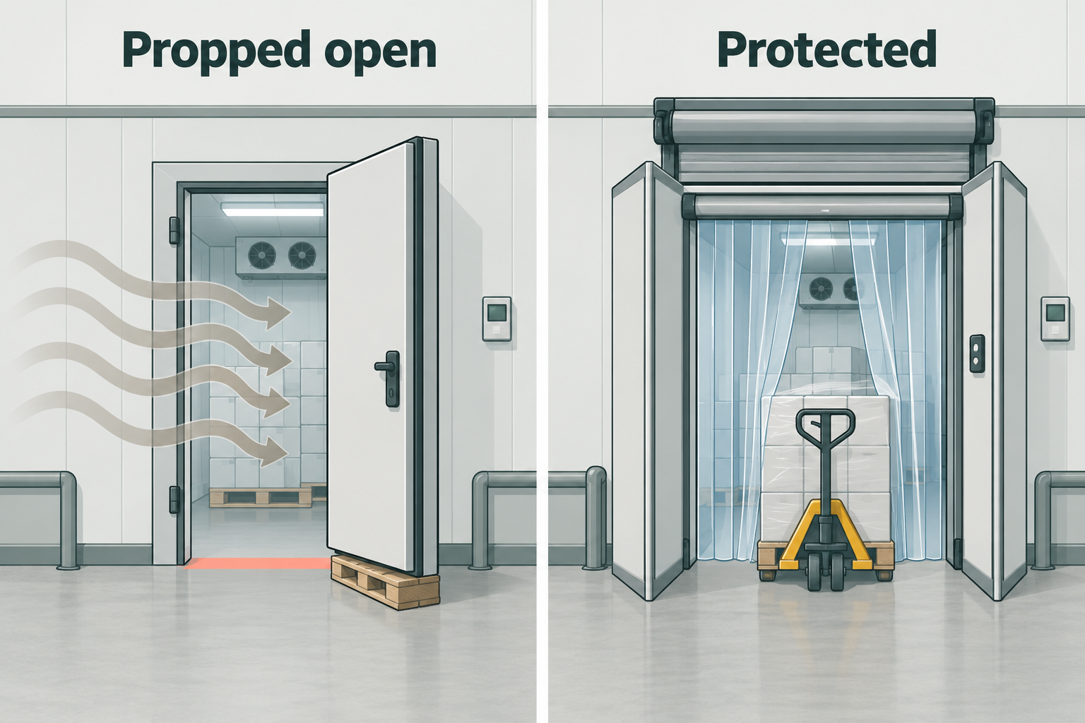 A cold-room door propped open with warm air entering, next to the same door protected by a strip curtain and fast door.