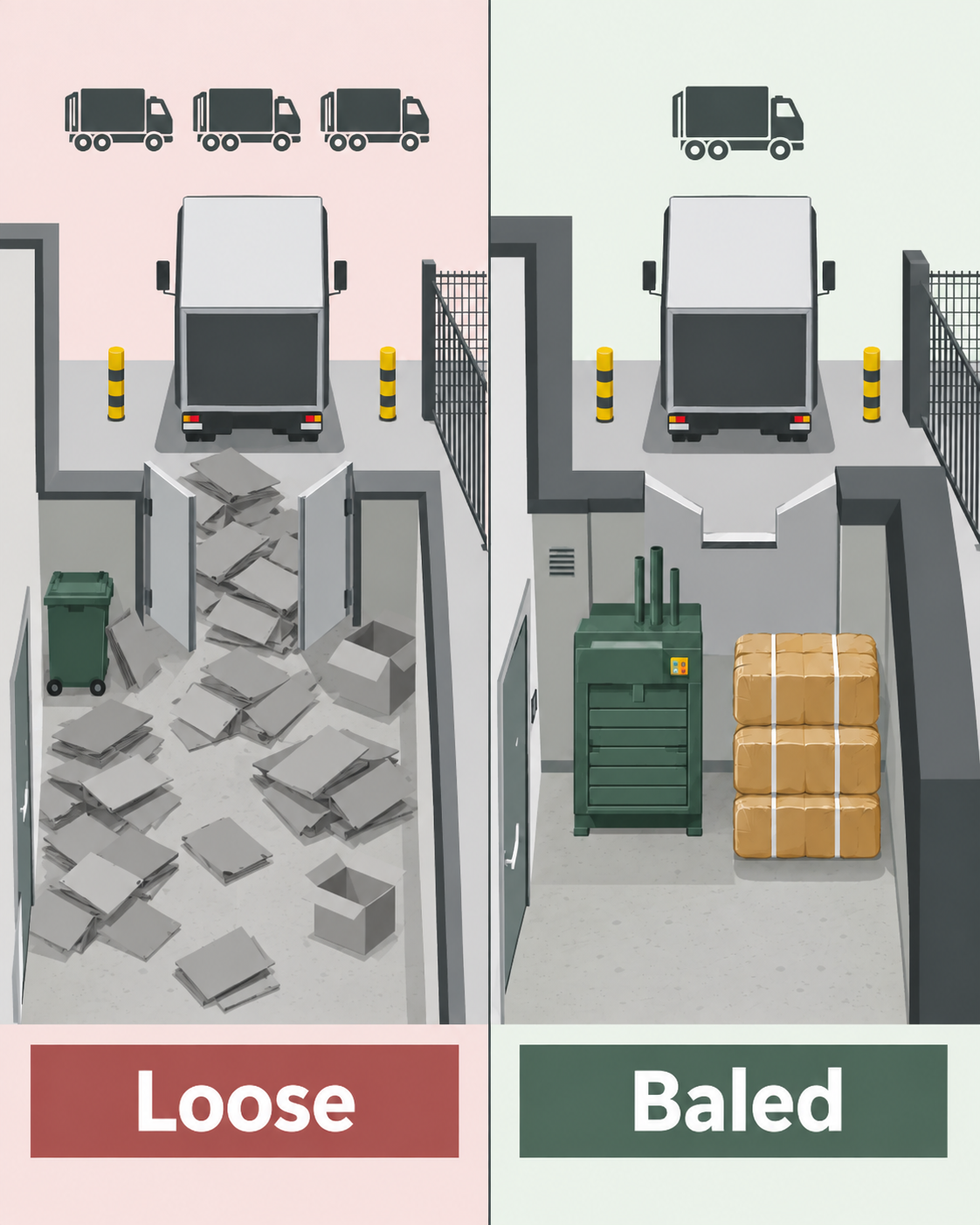 Loose cardboard blocking a back door beside baled cardboard stacked next to a vertical baler.