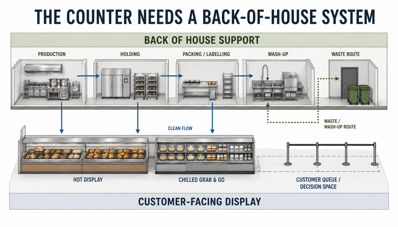 Simplified supermarket Prepared Foods diagram showing the relationship between the customer counter and back-of-house production, holding, packing, wash-up and waste routes.