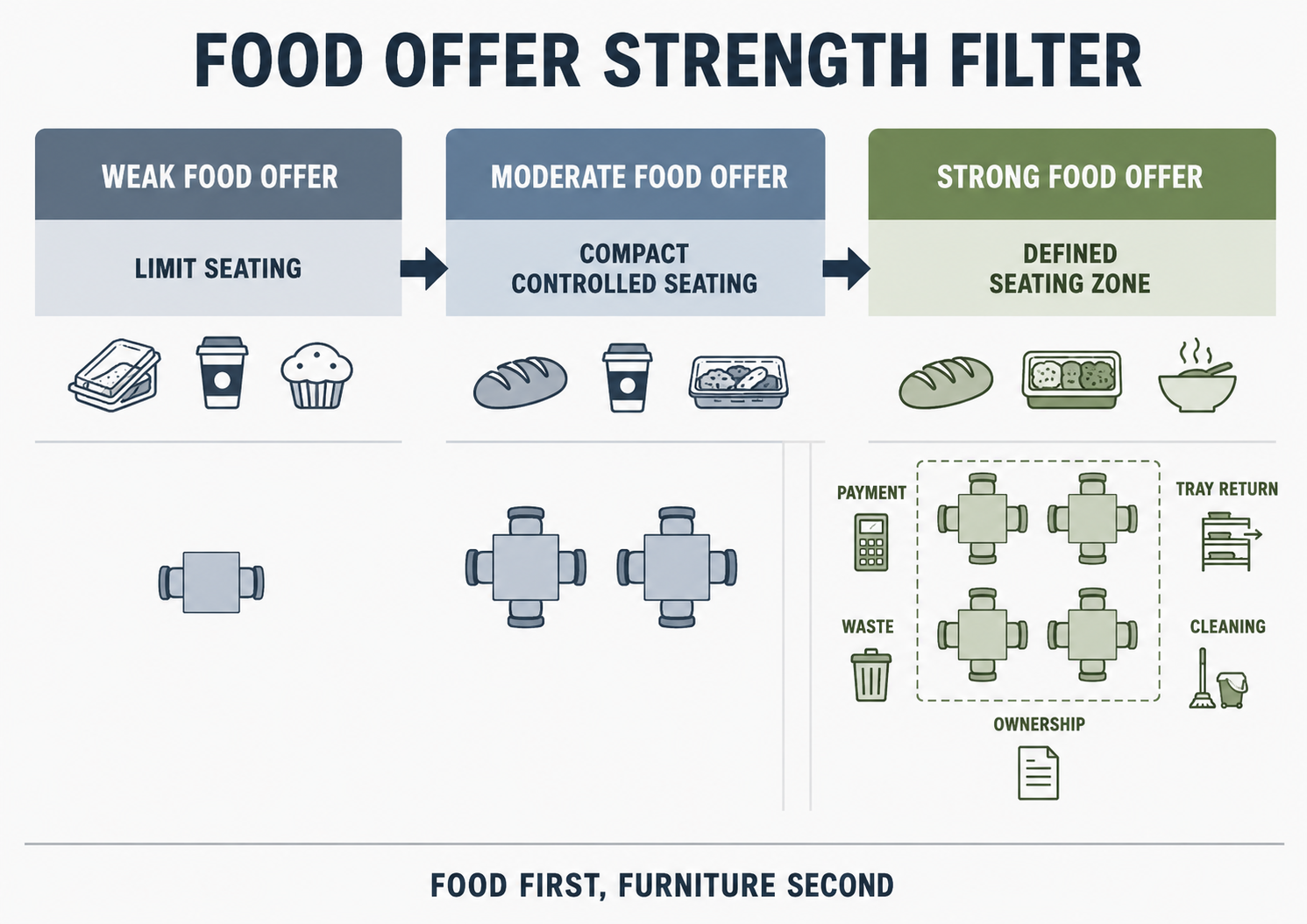 Food offer strength filter for supermarket seating area planning showing weak, moderate and strong food offer responses.