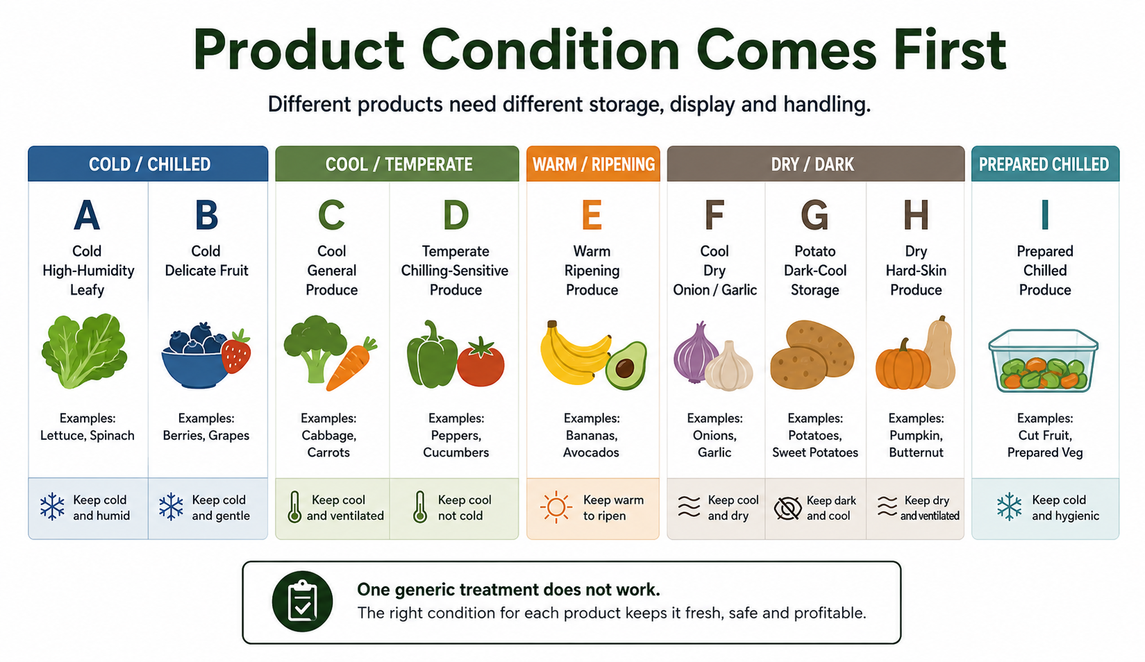 Fruit and vegetable product-condition block chart showing different storage, temperature and handling needs for produce groups.