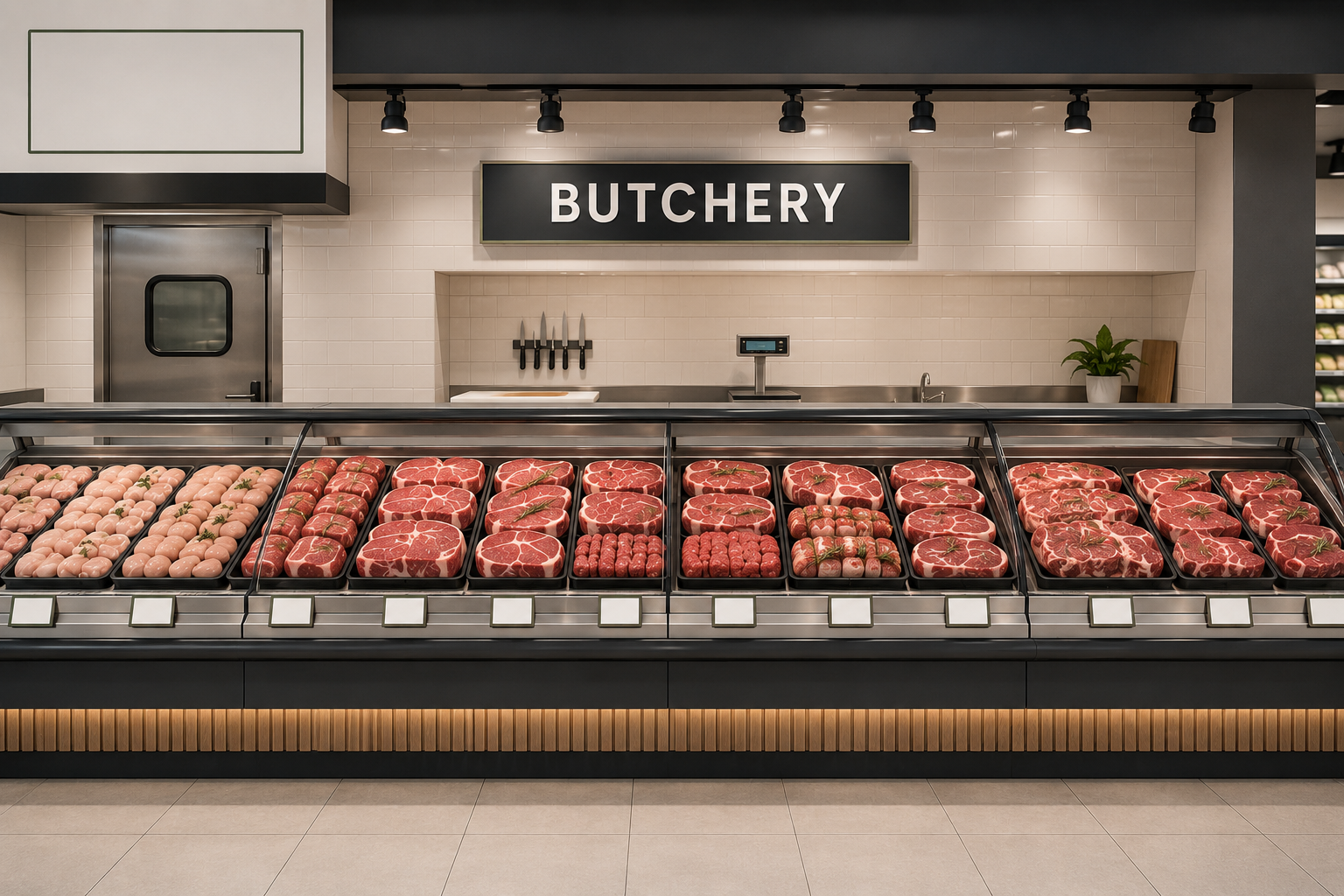 Supermarket butchery design with clean meat display, clear labels, good lighting and controlled product presentation